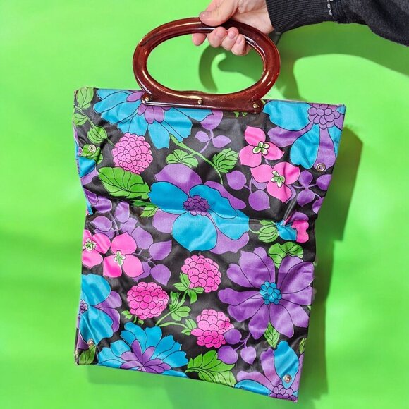 Vintage 60s Satin Foldable Tote Lucite Handle Retro Floral Purse Converts Clutch - Picture 15 of 15